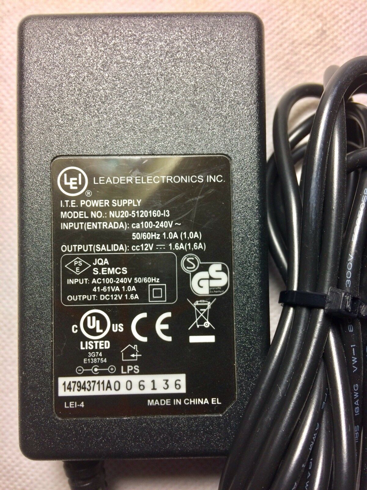 NEW LEI NU20-5120160-13 12V 1.6A AC Power SUPPLY CHARGER